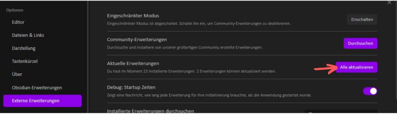 Der Screenshot zeigt den Plugin Browser für Community Plugins. Der Button "Alle aktualisieren" ist jetzt an der Stelle, wo vorher der Button "Nach Aktualisierungen suchen" war und ist mit einem Pfeil markiert.