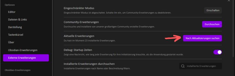 Der Screenshot zeigt den Plugin Browser für Obsidian Community Plugins. Der Button "Nach Aktualisierungen suchen" ist mit einem Pfeil markiert.